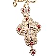 Nazareth Store Pectoral Cross Red Zircons Crystallized Christian Priest Bishop Crucifix Pendant Necklace 20" in Gift Box