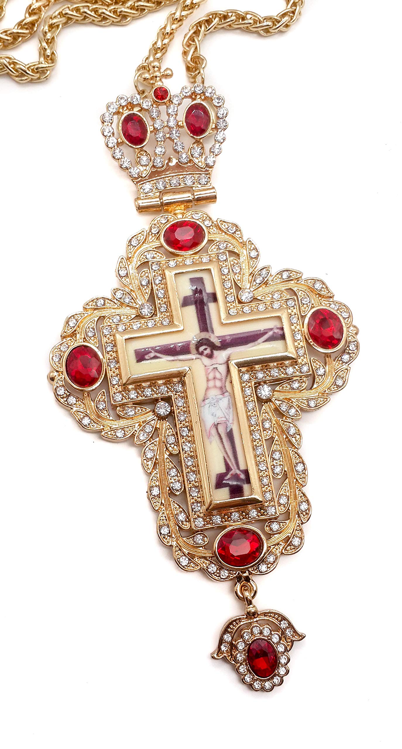 Nazareth Store Pectoral Cross Crucifix Pendant Red Zircons Crystallized Stones Elements Christian Priest Bishop Necklace 20" in Gift Box