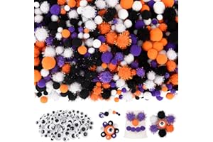 Qumenan 1000 Pieces 4 Sizes Halloween Pom Poms Crafts Assorted Glitter Pom Poms and Wiggle Eyes for DIY Hobby Supplies Halloween Party Decorations (Black, Orange, Purple,White)