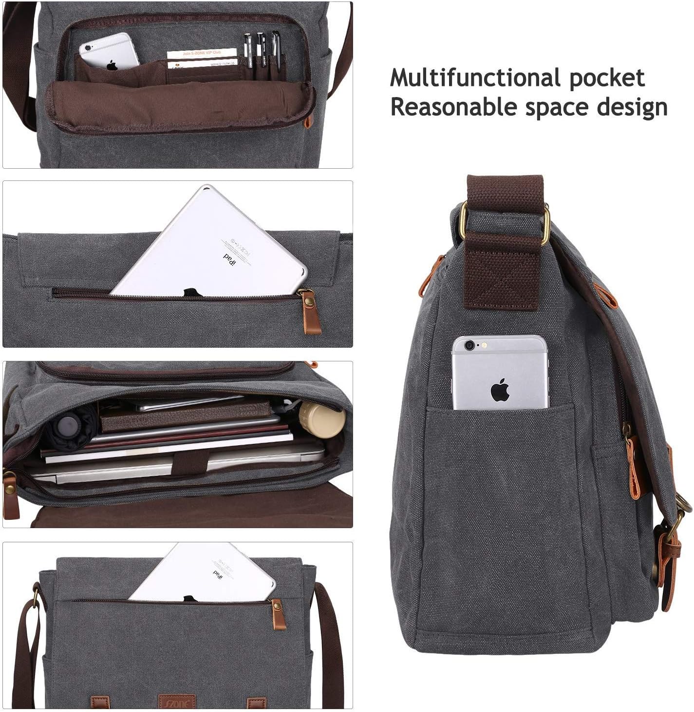 S-ZONE Men's Messenger Bag Crossbody Shoulder 14-17.3Inch Laptop Vintage Canvas Briefcase Satchel for Work School Traveling Daily Use Multiple Pocket - Image 4