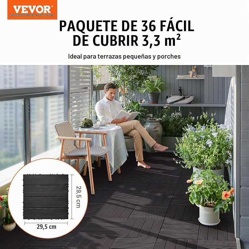 Azulejos entrelaçados para terraço, em conjunto de 36, 300 x 300 x 20 mm, plásticos, resistentes à água, para uso em todos os tipos de climas, para terraços, varandas, piscinas, varandas, castanho-escuro