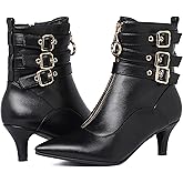 KISSASA Womens Buckle Strap Kitten Heel Booties Pointed Toe Zipper Ankle Boots