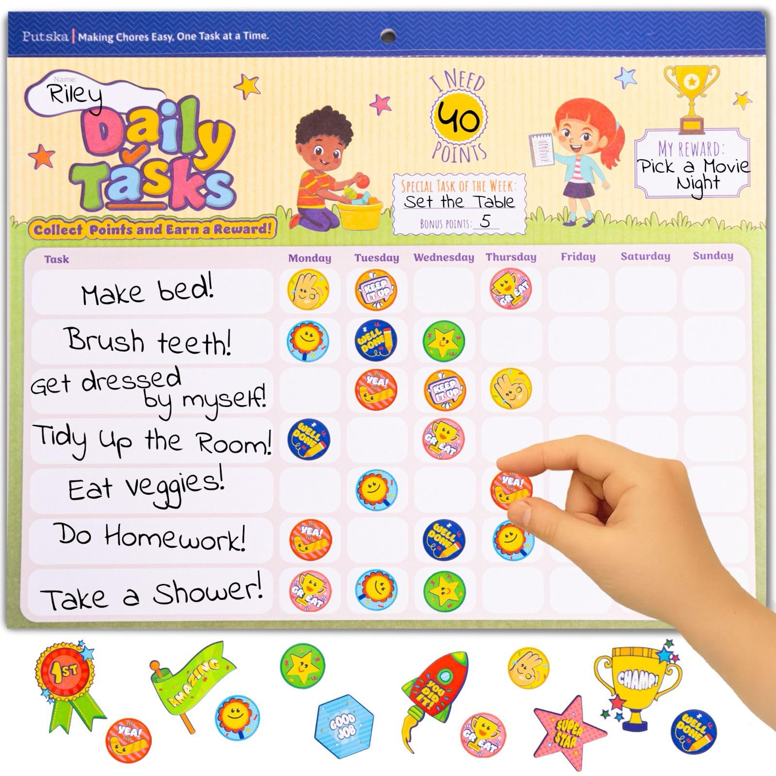 Photo 1 of PUTSKA Behavior Reward Chart for Kids – Includes 26 Chore Charts & 1528 Stickers – Magnetic Chore Chart for Multiple Kids at Home to Build Responsibility & Positive Habits (Reward Chart)