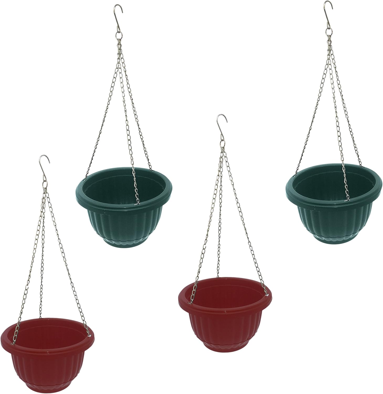 Set of 4 Small Hanging Planters with Chains and Integrated Saucers