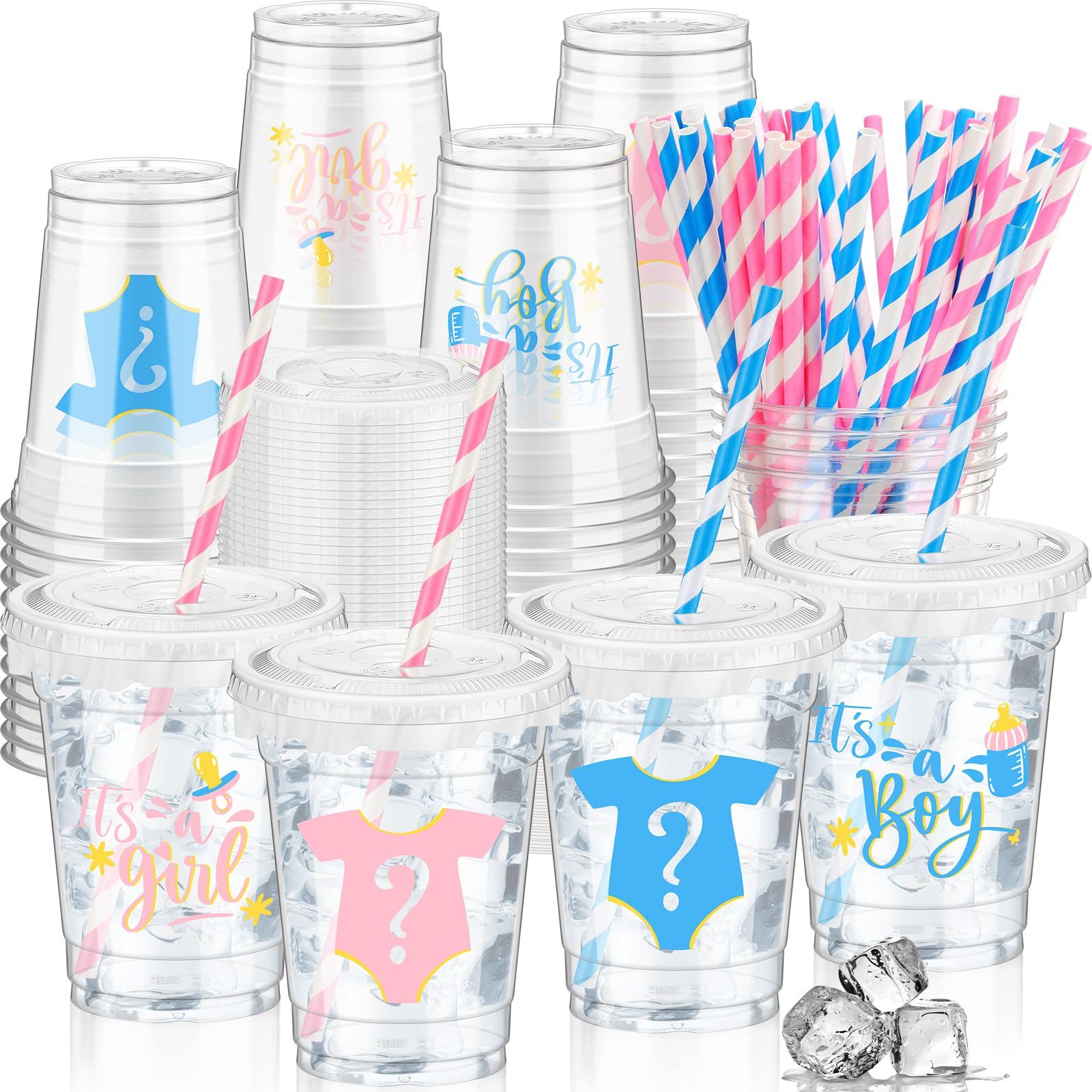 Photo 1 of FoldTier 50 Pcs Gender Reveal Cups Gender Reveal Party Supplies 12 oz Party Plastic Cups Boy or Girl Transparent Cup with Lids Straws Blue and Pink Baby Shower Decorations It's a Boy or It's a Girl