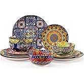 Sweejar Ceramic Dinnerware Sets for 4,12 Pieces Boho Plates and Bowls for Kitchen,Housewaring Gift,Bohemian Style Dish Set,Dishwasher and Microwave Safe(Colorful)