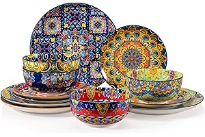 Sweejar Ceramic Dinnerware Sets for 4,12 Pieces Boho Plates and Bowls for Housewaring Gift,Bohemian Style Dish Set,Dishwasher