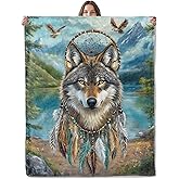 Lugiu Wolf Pattern Blanket, Lightweight Comfy Tribal Dreamcatcher Design Blankets for Couch Sofa Bedroom, Soft Plush Travel Flannel Throw Blanket Gifts for Adults Kids Women, Home Decor 60×50in