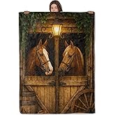 Wanoryer Horse Barn Blanket, Comfy & Warm Flannel Two Horses in Rustic Stable Throw Blanket for Couch, Gifts for Women Kids Adults, Soft Fuzzy Lightweight Travel Bed Blankets for Decor 50"×60"