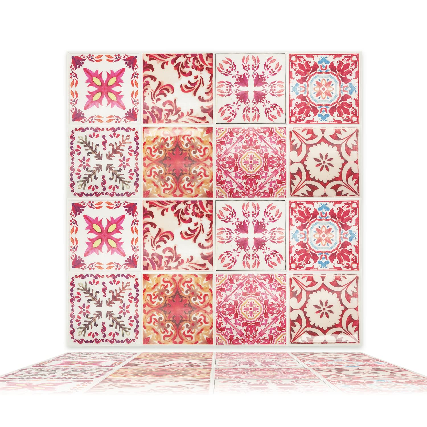 WALPLUS 3D Tile Stickers Peel and Stick Backsplash Splashback Decals Tile Transfer for Kitchen Bathroom Living Room Stick on Tile Waterproof Moroccan Rose Red Mosaic 16 Sheets 15.4cm(6")