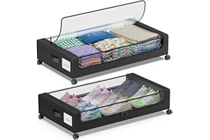 DGFCK Under Bed Storage with Wheels, 2-Pack Under Bed Storage Containers with Clear Lids, XXL 60L Under the bed storage Organizer Bins, Rolling Under Bed Metal Drawer for Clothes,Shoes,Toys (Black, 2 Pack)