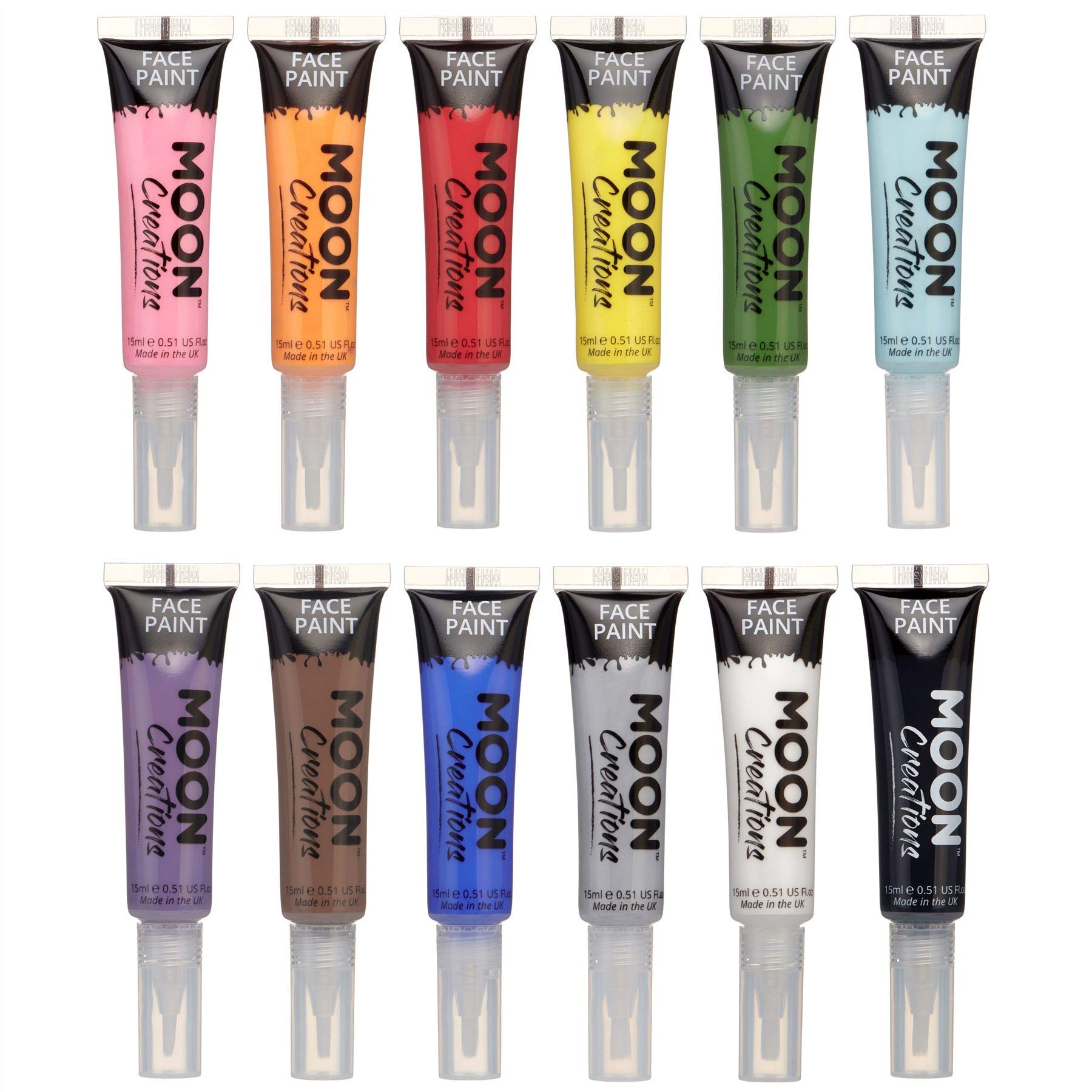 Face & Body Paint with Brush Applicator by Moon Creations - Water Based Face Paint Makeup for Adults, Kids - 15ml - Available in 16 colours (Set of 12)
