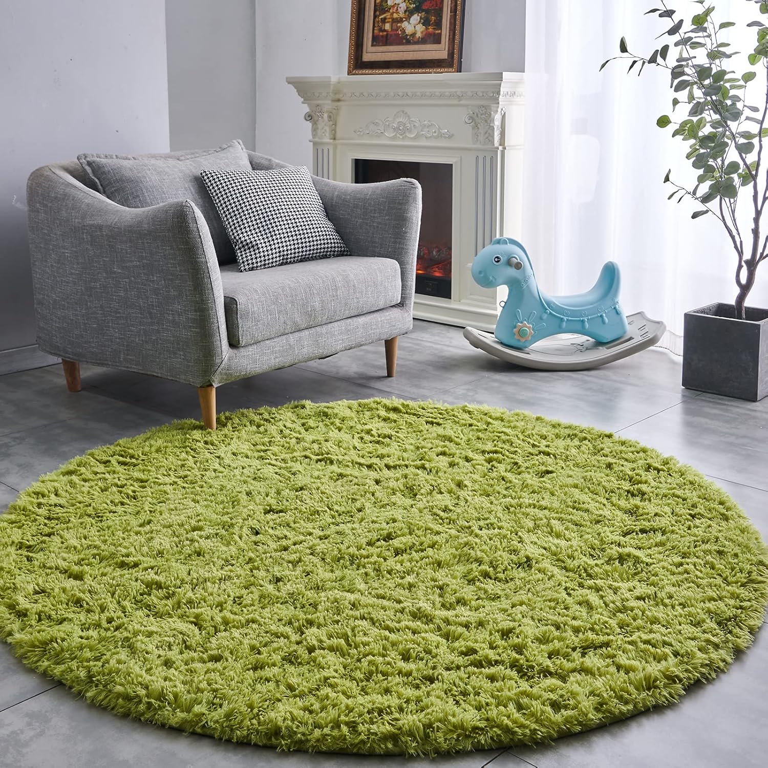 Rugs, Pads & Protectors - FJZFING Grass Green Round Rug Ultra-Soft Plush Modern 4x4 Circle Area Rug for Kid's Bedroom, Fluffy Shag Circular Rug for Nursery Room, Cute Grass Green Carpet for Teen's Room