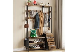 YAOHUOO Coat Rack, Hall Tree with Shoe Bench and 4 Fabric Drawers, Entryway Bench with Hooks, Metal Frame Rack for Entrance,F