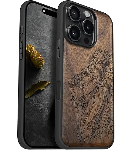 Carveit Magnetic Wooden Case For IPhone 15 Plus Case, Compatible With MagSafe Wireless Chargers, Black Soft TPU Shockproof Cover & Wood Artisan Engraved (Ornate Lion's Head) - Walnut