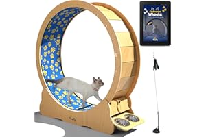 Sunny-Kix XL 45"- Cat Exercise Wheel – Quiet Running Wheel for Indoor Cats with Royal Blue and Yellow Carpet, Cat Treadmill with Safety Lock, Integrated Feeding Bowls & Free E-Book