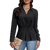 Blooming Jelly Womens Peplum Business Casual Tops Dressy Work V Neck Blouses Long Sleeve Smocked Polo Collared Shirts