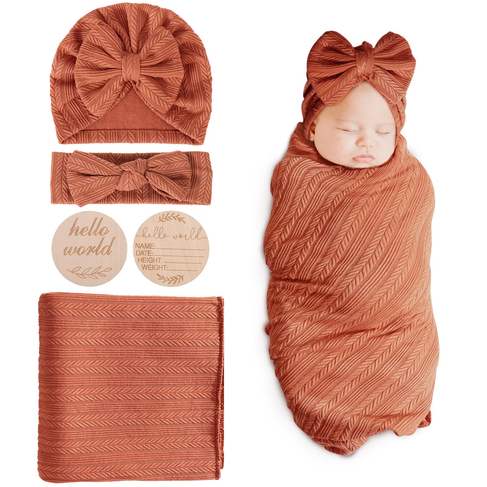 Photo 1 of BQUBO Baby Swaddle Blankets for Girls, 4PCS Newborn Accessories Set with Matching Hat and Bow Headband with Hello World Wooden Birth Announcement Card