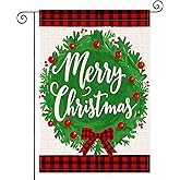 HOMETITUTE Merry Christmas Wreath Garden Flag 12x18 Inch Welcome Garden Flags Burlap Double-Sided Red Bow Snowflakes Pinecones Holiday Banner Winter Flag for Yard Lawn Decoration