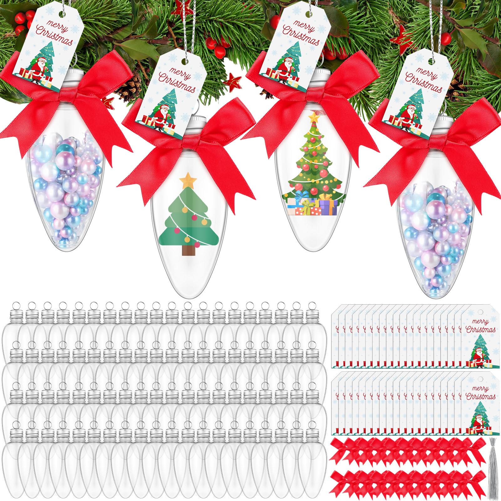 Photo 1 of Shappy 84 Pcs Christmas Fillable Clear Plastic Bulb Shape Ornaments Set Including Christmas Tags, Cute Bows, Silver Strings and Lids for Candy DIY Crafts Tree Party Decorations
