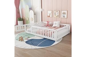 BELLEMAVE Full Size Floor Bed with Slats and Center Support Bar, Montessori Floor Bed with Fence and Door White