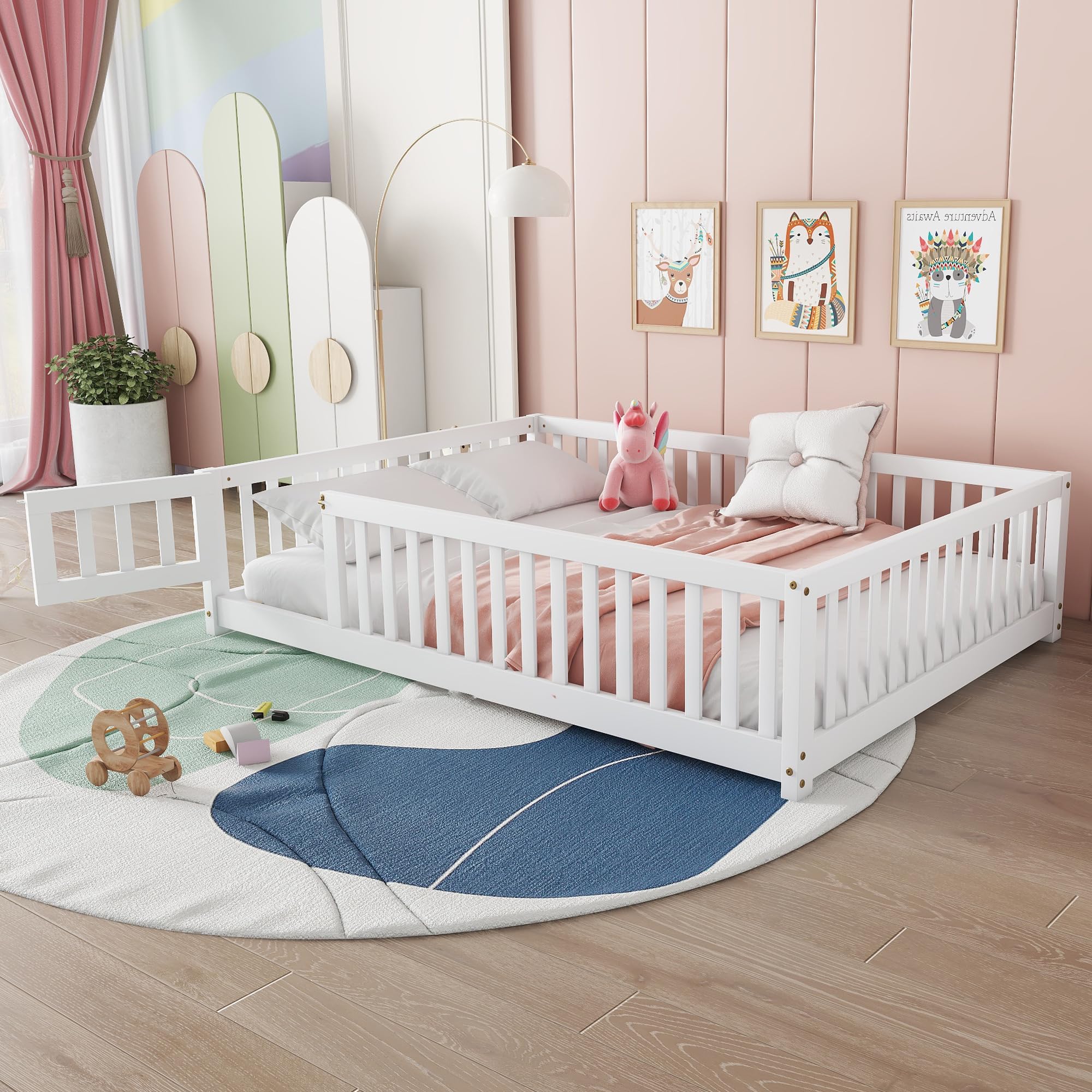 Photo 1 of **MISSING SCREWS**Full Size Floor Bed with Slats and Center Support Bar, Montessori Floor Bed with Fence and Door White