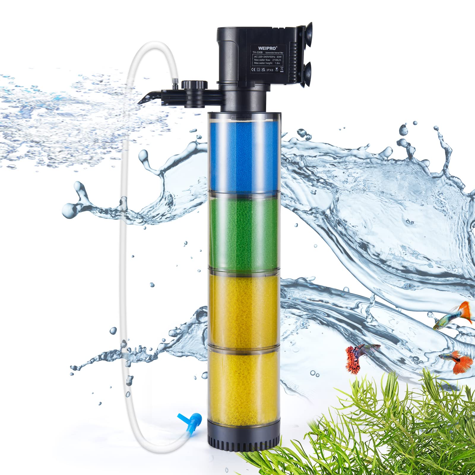 Internal Fish Tank Filter, 4-Stage Biochemical Sponge Filtration, 30W Adjustable Water Flow Submersible Aquarium Filter Pump for 350l ~ 500l Freshwater Saltwater Fish Tank, TH330B(2100L/H) — image 1