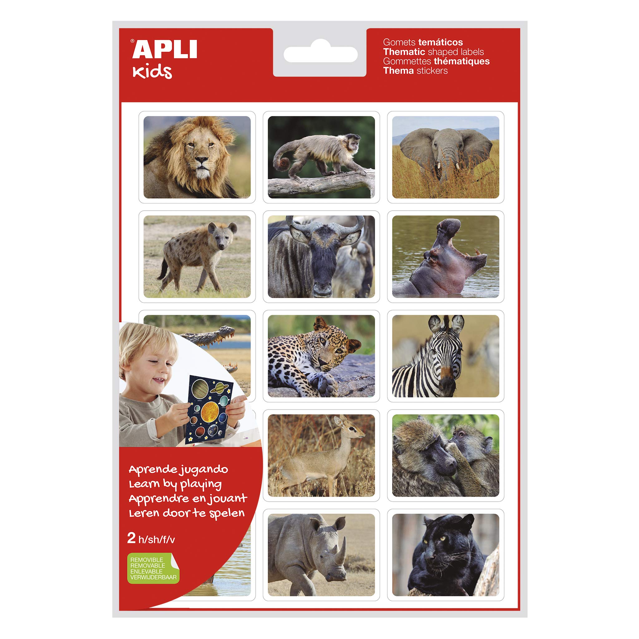 APLI Kids 18734 - Bag of Realistic Animals in Your Savannah Themed Gummies with 15 Designs, Removable Adhesive, 2 Sheets, 15 Gummies per Sheet