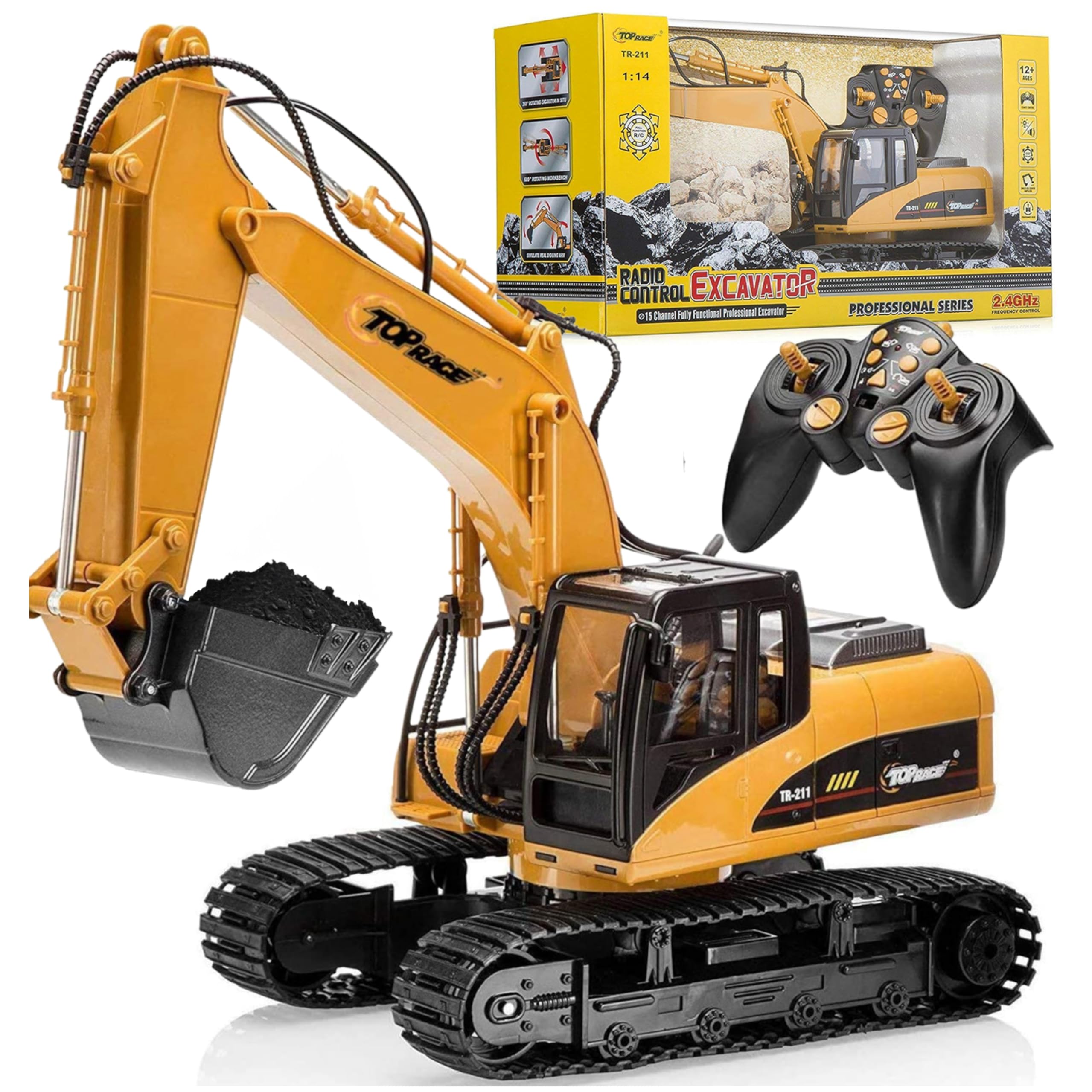 Top Race 15 Channel Full Functional Remote Control Excavator, Remote Control Excavator Toy with 2.4GHz Transmitter and Metal Shovel - 1:14 Scale Battery Powered Construction Tractor for Kids - TR 211