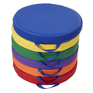 SoftScape 15 inch Round Floor Cushions with Handles; Flexible Seating for in-Home Distance Learning, Daycare, Preschool, Classroom; 2 inch Thick Deluxe Foam (6-Piece) - Assorted