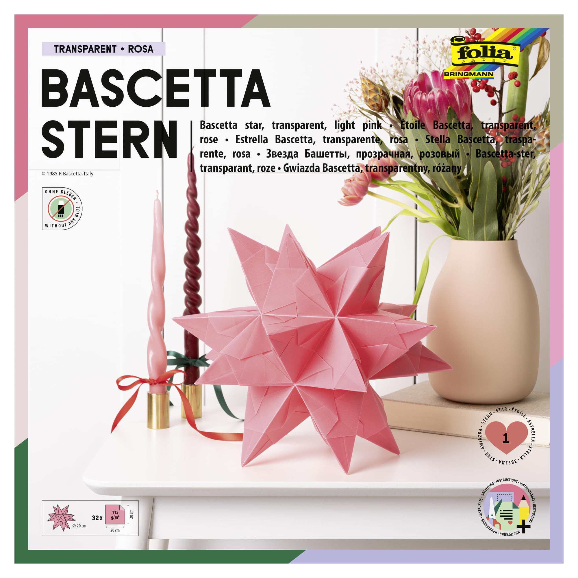 folia 826/2020 Bascetta Star Craft Set, Transparent Pink, 20 x 20 cm, 32 Sheets, Finished Size of Paper Star Approx. 30 cm, with Detailed Instructions (English Language not Guaranteed) - Ideal for