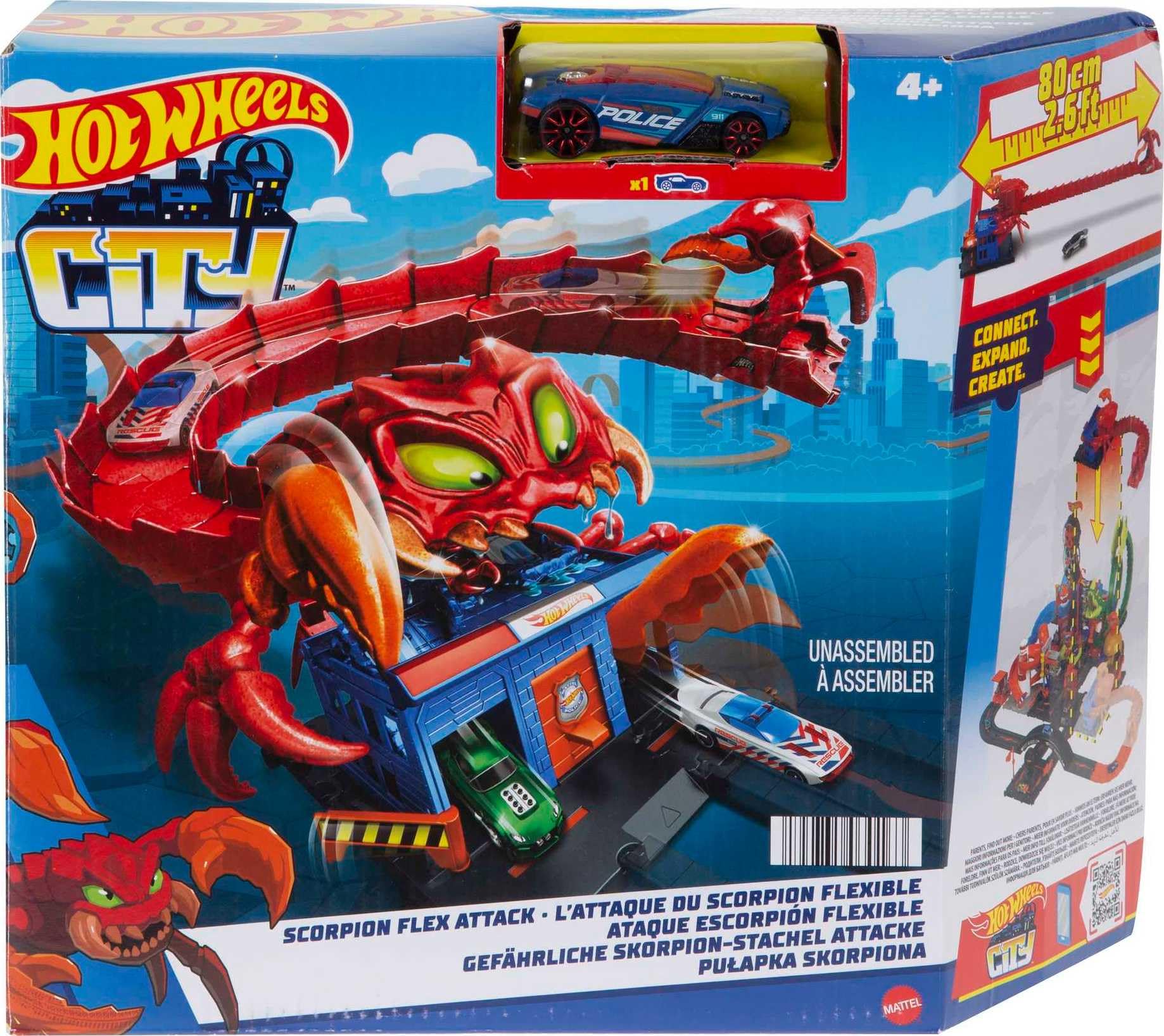Hot Wheels City Scorpion Flex Attack with 1 Toy Car, Connects to Other Sets, Bendable Tail Track Extends 2.5 Feet, Gift for Kids 4 to 8 Years Old, HDR32