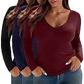 Evervibe 3 Pack Women's Plus Size Shirts, Deep V Neck Long Sleeve Tops Slim Fit Cotton Blend T-Shirts Casual Basic Layer Tee