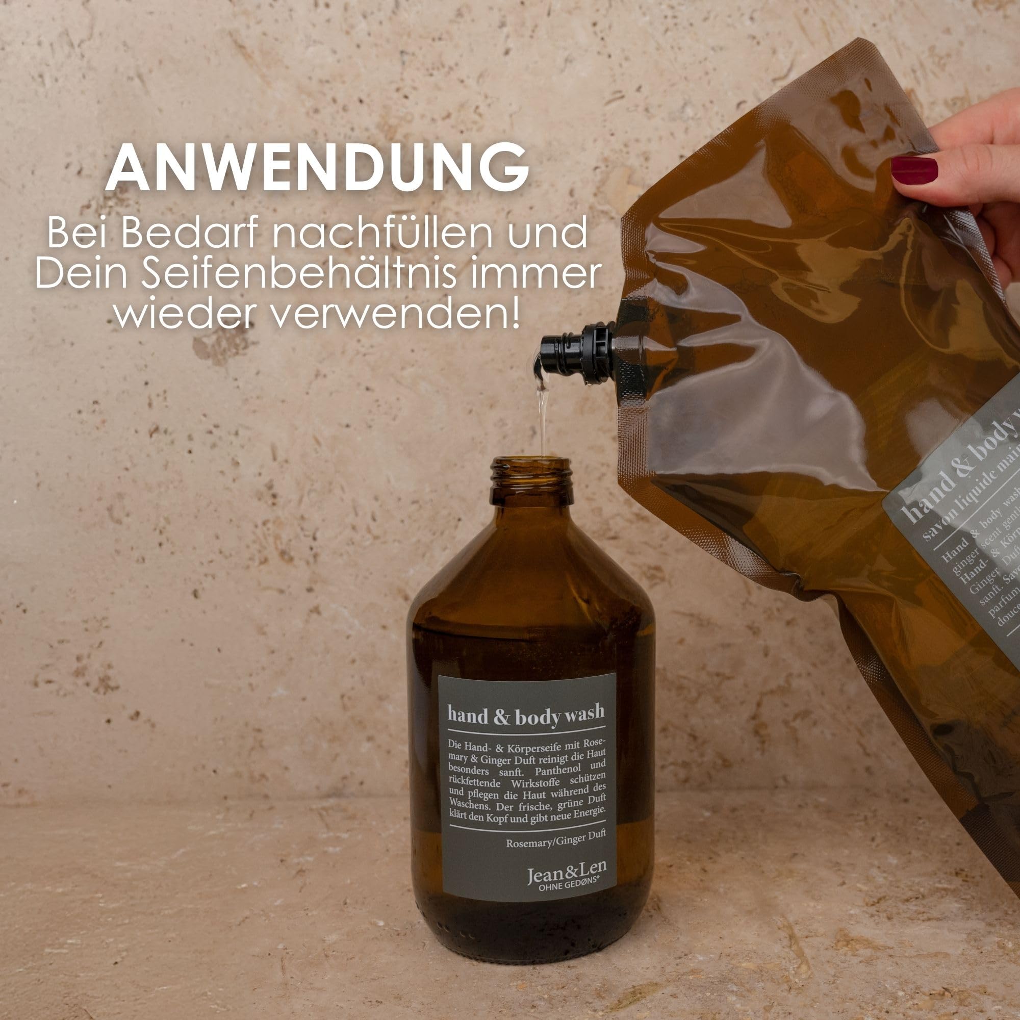 Jean & Len Hand & Body Wash Rosemary und Ginger im Nachfüllbeutel, reinigt und pflegt die Haut, würzig-frischer Duft, Flüssigseife im Nachfüllpack, ohne Silikone & Parabene, 1,5L 6