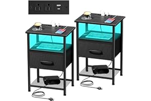 LAKEMID Nightstands Set of 2 with Charging Station and Drawer, End Table Bedside Table with 20 Colors LED Light Strip and 2 Layers Shelf for Bedroom Living Room Sofa Couch (Black)