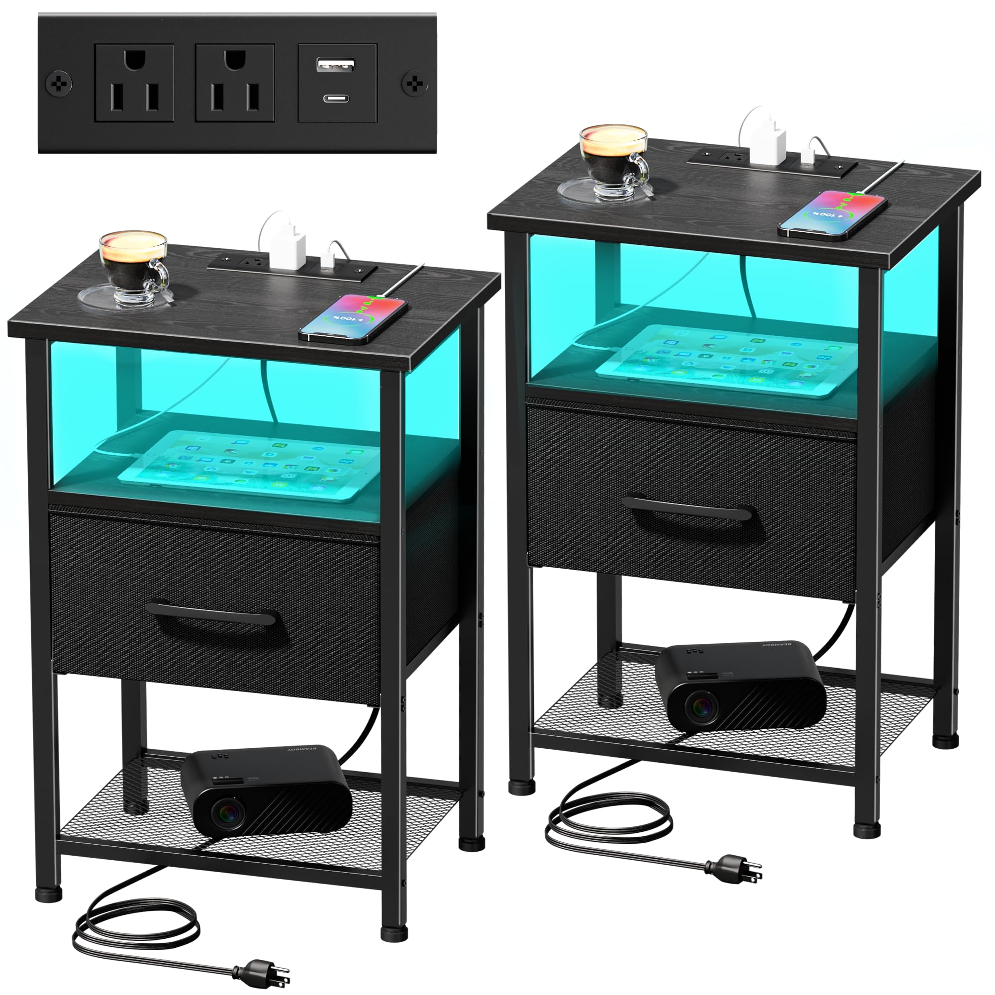 Photo 1 of Nightstands Set of 2 with Charging Station and Drawer, End Table Bedside Table with 20 Colors LED Light Strip and 2 Layers Shelf for Bedroom Living Room Sofa Couch (Black)