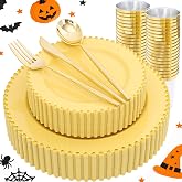 supernal 180PCS Yellow Gold Plastic Plates Set for 30 Guests Wedding Party | Heavy-Duty Disposable Yellow Gold Plastic Dinnerware Set,Includes Plates Gold Cutlery Clear Cups for Bridal Shower Birthday