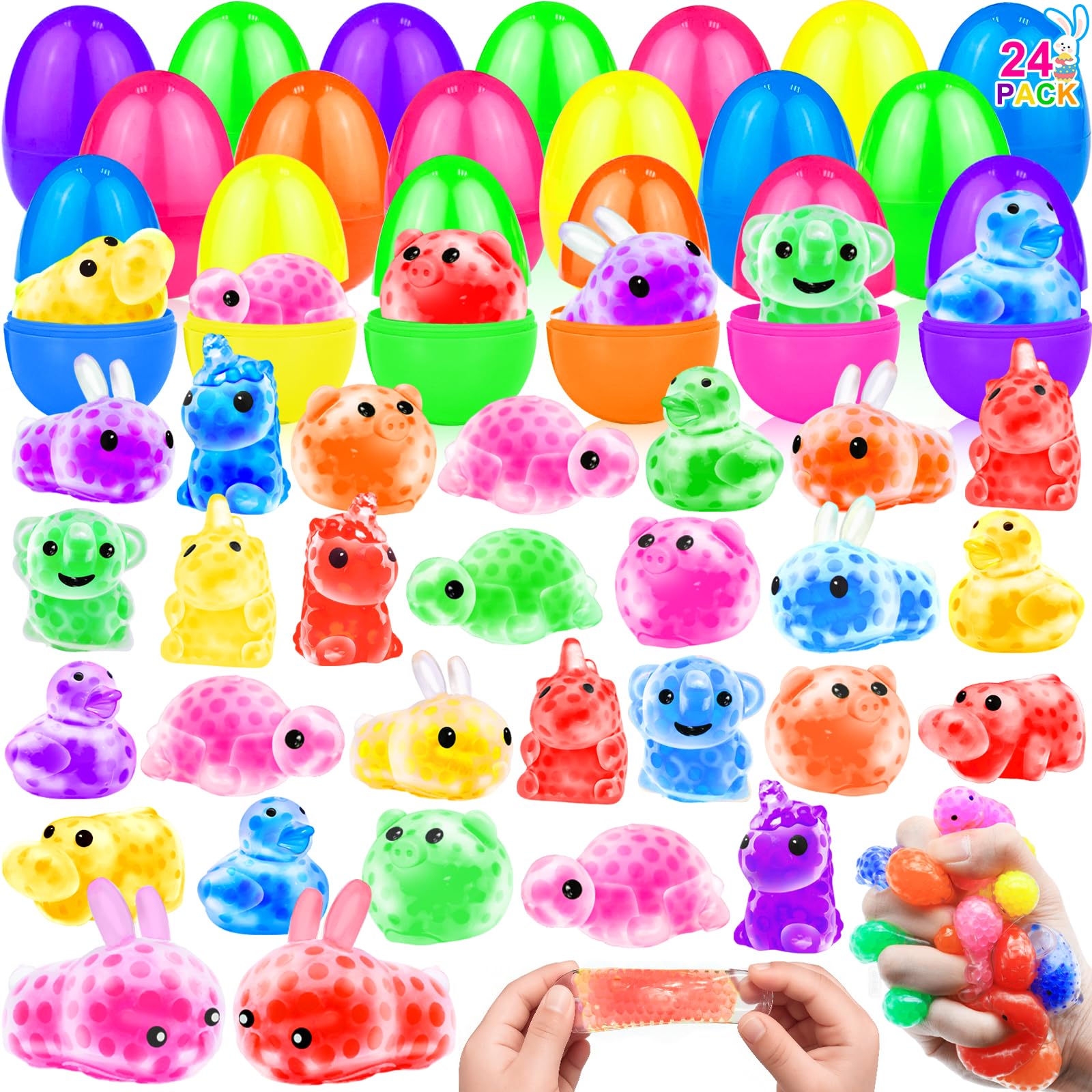 Photo 1 of 24 Pack Prefilled Easter Eggs Easter Basket Stuffers with Fidget Stress Balls, 12 Styles Animals Stress Relief Sensory Toys for Kids Toddlers Easter Egg Fillers Hunt Party Favors Classroom Prizes Gift