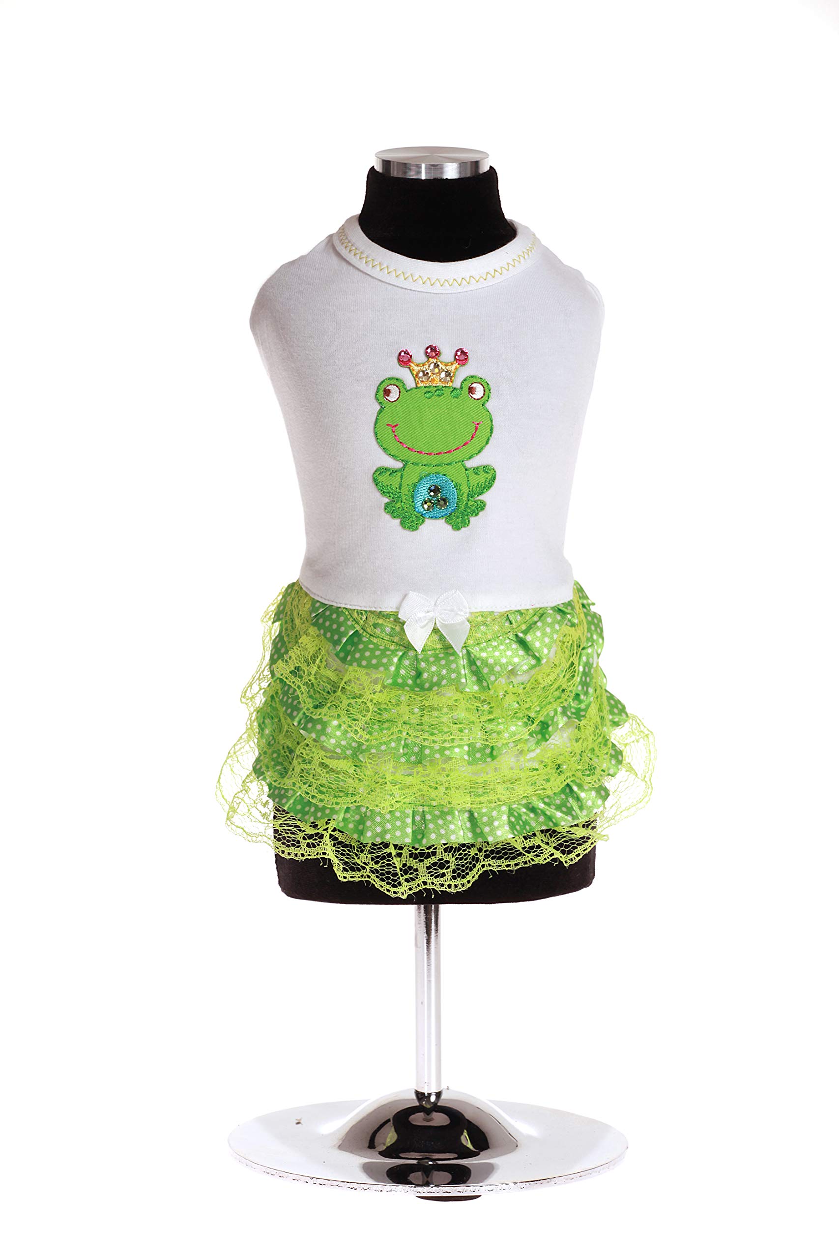 Trilly tutti Brilli Vestabiam Vesta Jersey Dress with Frills in Olive and Frog Application and Swarovski Stones, M, White