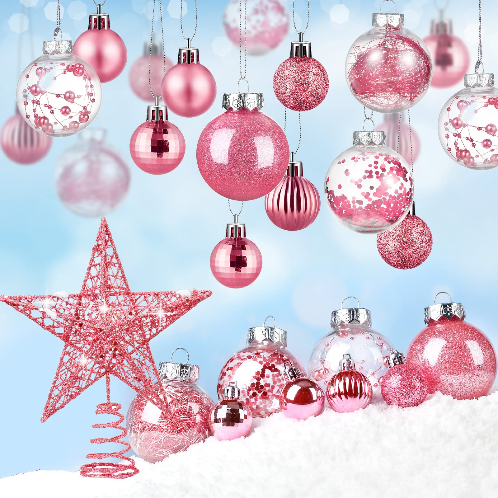 BBTO Christmas Balls Ornaments set Star Balls tree Baubles Set Plastic Tree Topper Star Clear Balls for Tree Birthday Holiday Indoor Outdoor Decor (Pink,49 Pieces)