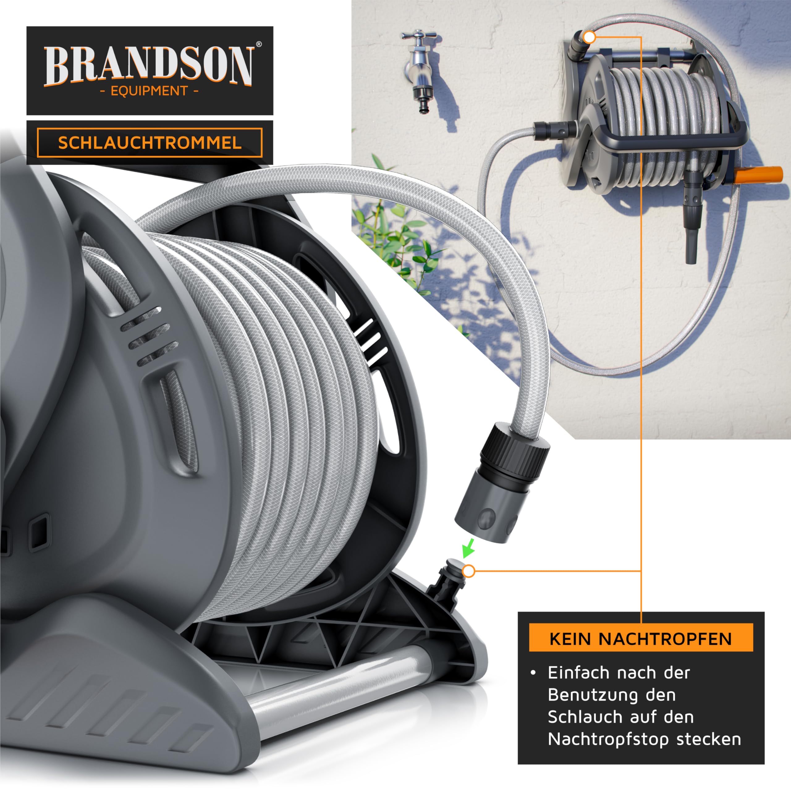 Brandson - Schlauchtrommel 20m Schlauch – Gartenschlauch Trommel Set 1/2 Zoll inkl. Anschluss 3/4 Zoll - 2 m Zuleitung – Schlauchbox mit Wandhalterung - Drehkurbel- Reinigungsspritze 5