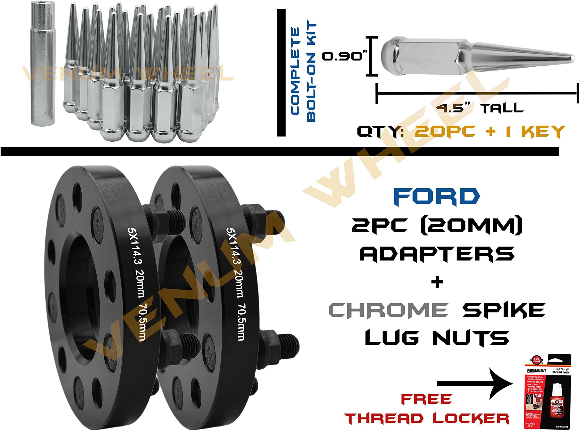 2 Pc Mustang Black Hub Centric Wheel Spacers Adapters (5x114.3mm) 70.5mm Center Bore + 20 Pc 14x1.5 Chrome Spike Security Lug Nuts (include key socket) + Thread Locker Kit