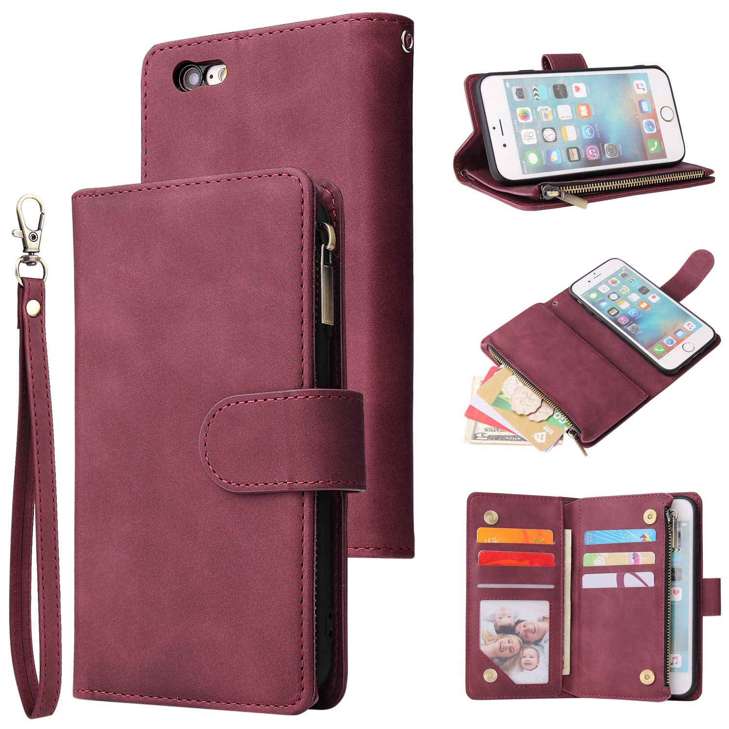 QLTYPRI Case for iPhone 6 Plus iPhone 6S Plus, Large Capacity Leather Wallet Case 6 Card Holder & 1 Zipper Pocket Kickstand Wrist Strap Magnetic Shockproof Phone Cover - Red