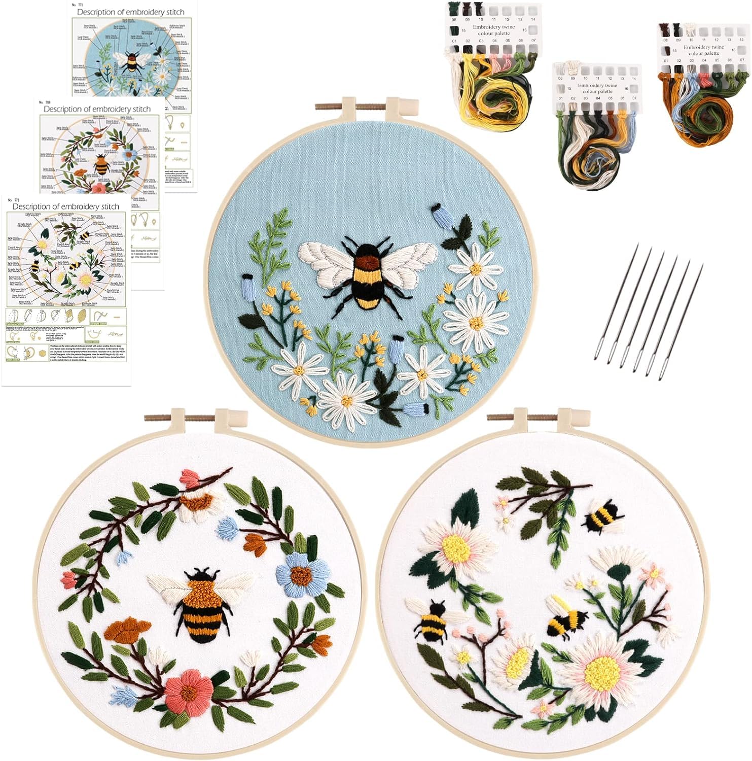 HAOCOO 3 Sets Embroidery Kit for Beginners, Cross Stitch Kits with Floral and Bee Pattern and Instructions, Full Range of Embroidery Cloth, Embroidery Hoops, Color Threads and Tool (Bee Flower)
