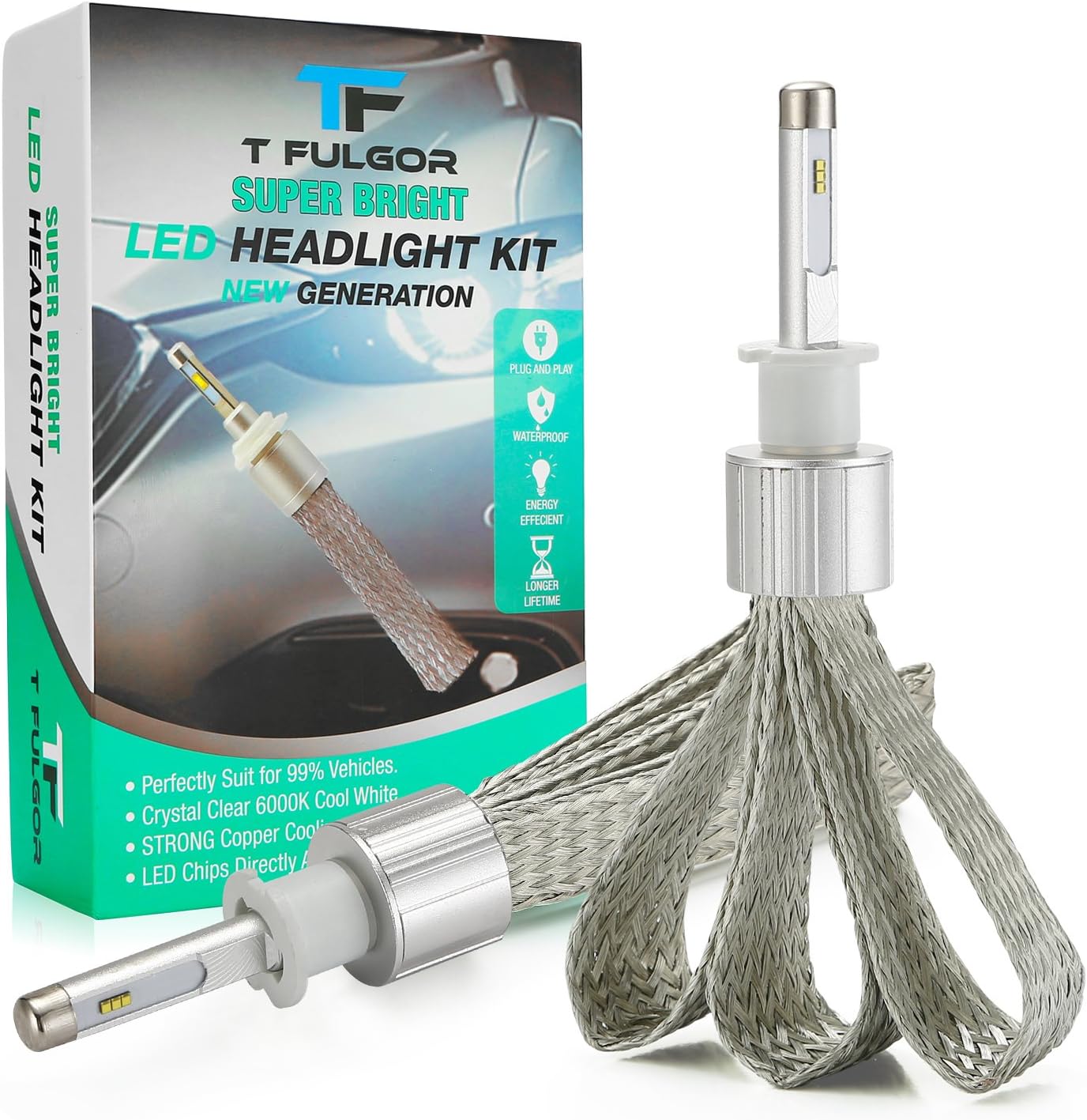 T FULGOR H3 Super Bright LED Headlight Bulbs Conversion Kit, Cool White light with Eight LED chips, Purple copper braid, 40w, 11,000lm, 6000K, one year, 1 pair (H3)