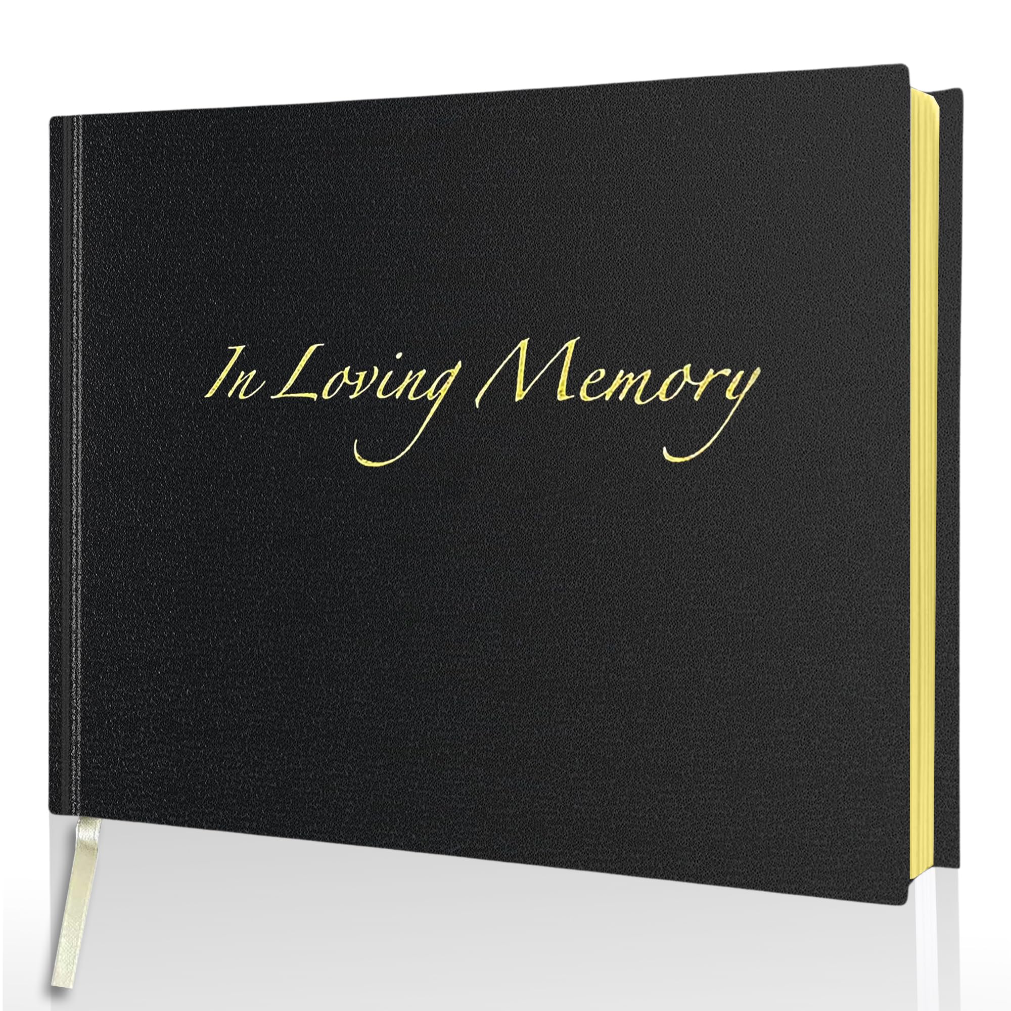 in Loving Memory Condolence Book - 96 Pages with Gold Gilt Pages & Storage Box - Hardcover Memorial Guest Book with 1152 Message Lines & Keepsake Pocket - for Funeral Services (Black, 218x160mm)