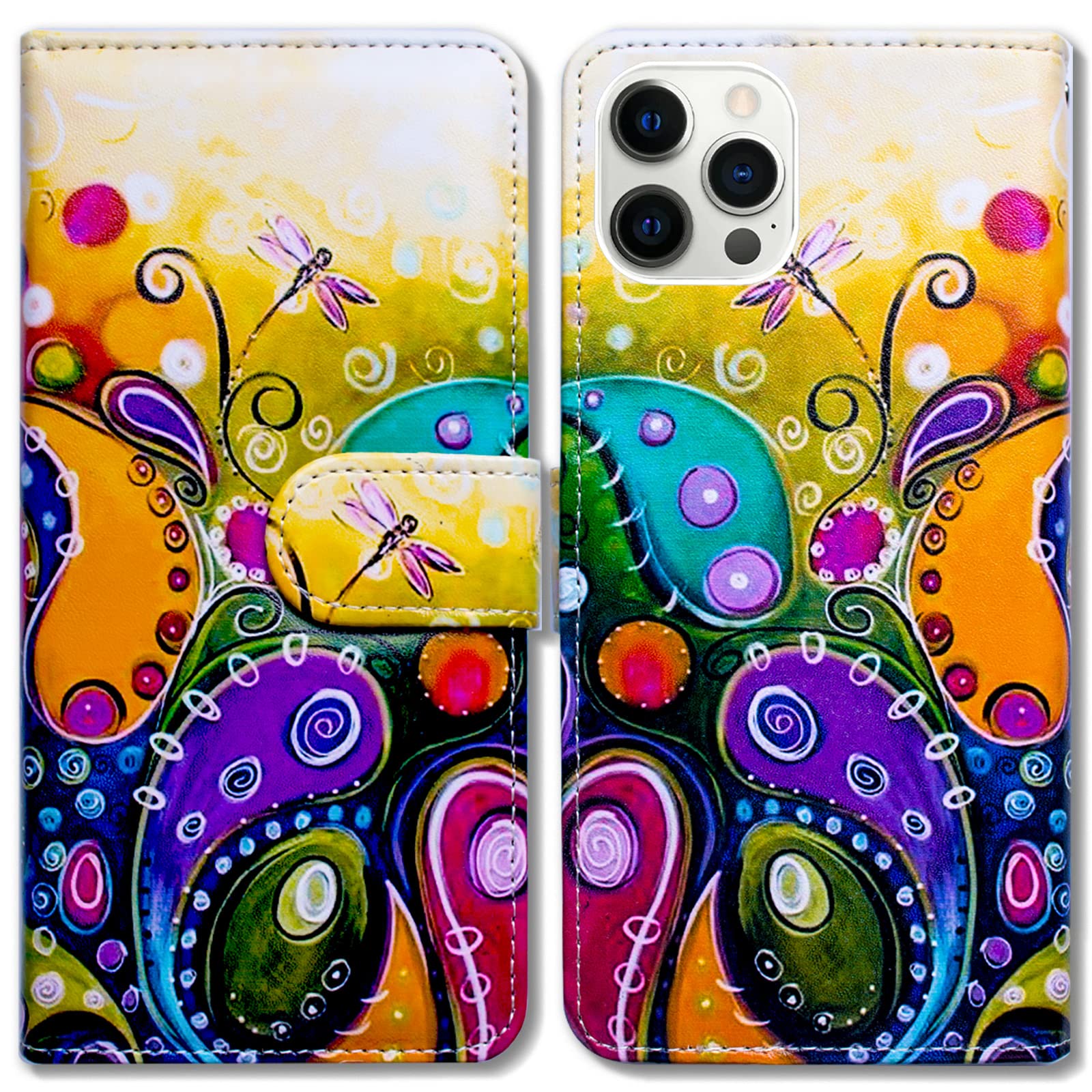 Bcov iPhone 14 Pro Max Case, Colorful Dragonfly Leather Flip Phone Case Wallet Cover with Card Slot Holder Kickstand For iPhone 14 Pro Max