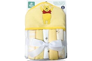 CUDLIE Winnie The Pooh Bath Towel Set | Winnie The Pooh Hooded Baby Bath Towel | Includes Hoodie Towel & 5 Wash Cloths | Yellow/White | Officially Licensed