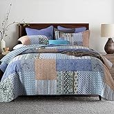 VISIMISI Cotton Bedspread Quilt Sets 3 Pieces Reversible Coverlet Sets Comforters Blue Bohemian Patchwork Bedspread,Blue Paisley Pattern, Queen Size