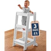Toddler Tower 3-Level Adjustable Wooden Toddler Step Stool White | Toddler Standing Tower with 3 Height Levels, Fits under Co